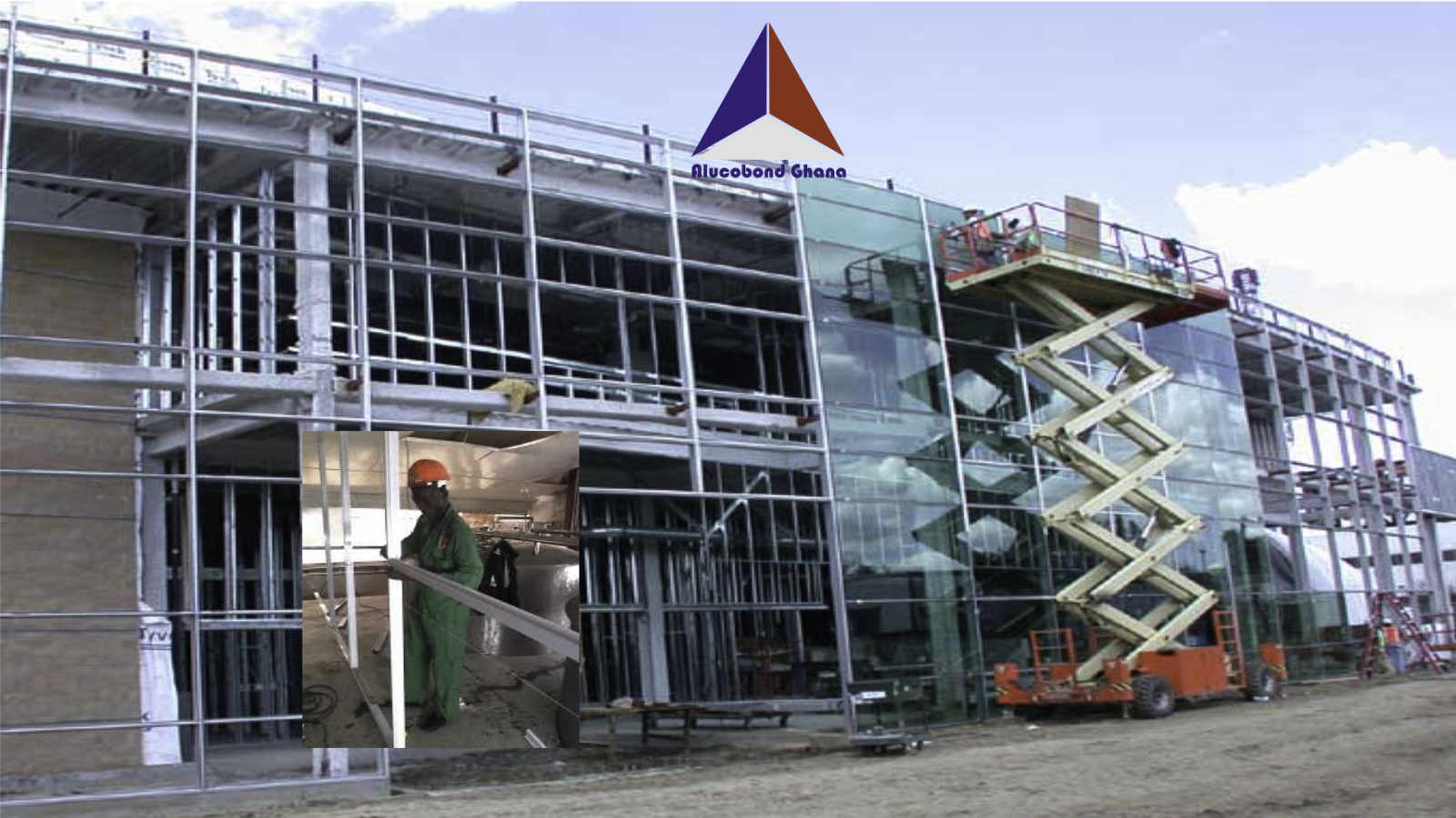 Alucobond Ghana workers on scaffolding installing composite panel cladding on a building facade